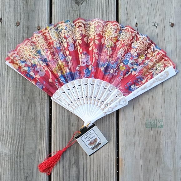 Franny Fashion Accessories - Red and white and gold glitter cloth foldable hand fan